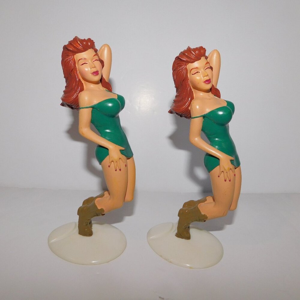 Set 2 VTG Ganz R. Demars Bottoms Up Beer Can Holder Pinup Red Hair Green Dress